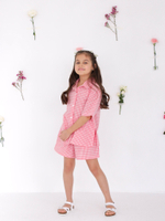 Костюм из варёного хлопка, рубашка и шорты "Розовая клеточка"