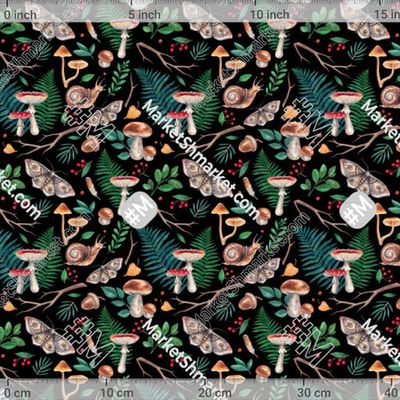 Акварельный лес с улиткой, мухоморами, мотыльком и папоротниками by Loft Bat 242 DPI