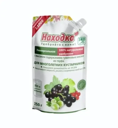 Концентрат на 250 л. ЭКО удобрение для многолетних кустарников из торфа на основе гуминовых кислот, в пасте, т.м. «Находка», Дой-пак 0,25 кг.