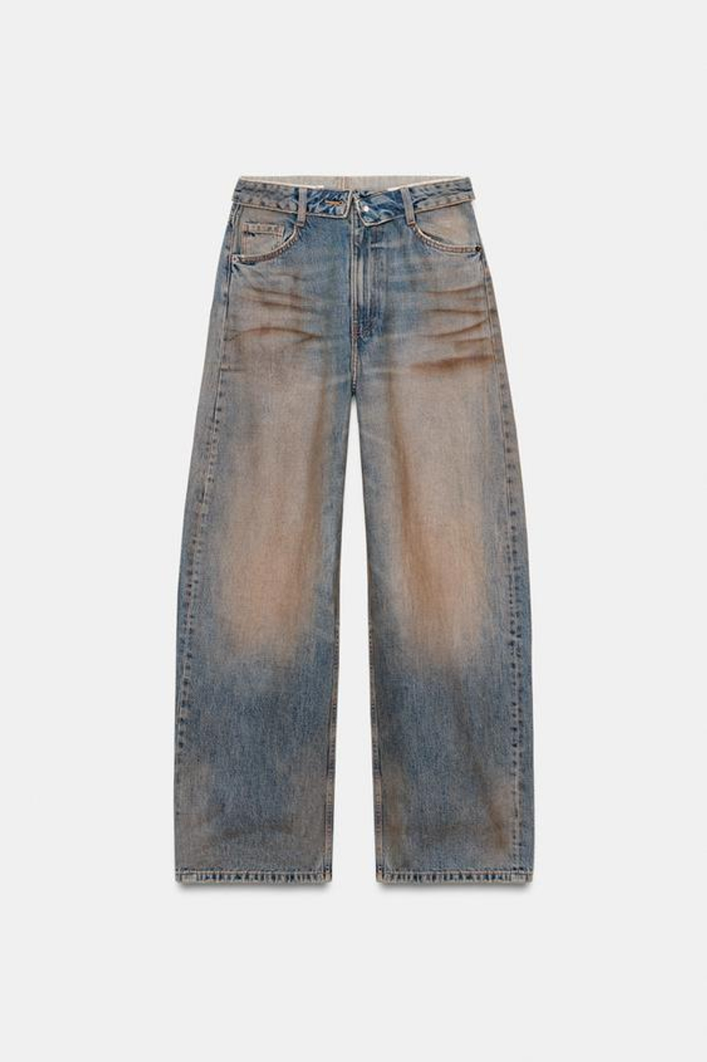 ZARA ДЖИНСЫ TRF СО СРЕДНЕЙ ПОСАДКОЙ И ОТВОРОТОМ НА ПОЯСЕ, СЕРО-СИНИЙ