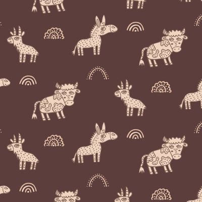 Village animals cows donkey goat baby fabric
