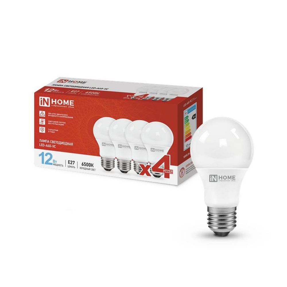 Лампа светодиодная LED-A60-VC 4PACK 12Вт 230В E27 6500К 1140лм (уп.4шт) IN HOME 4690612047676 Лампа светодиодная LED-A60-VC 4PACK 12Вт 230В E27 6500К 1140лм (уп.4шт) IN HOME 4690612047676