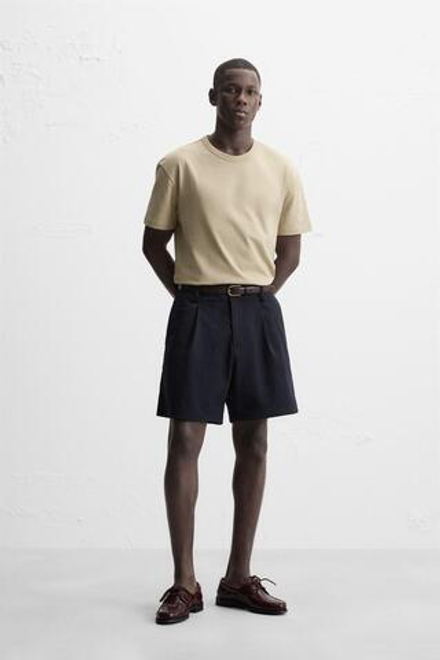 ZARA БАЗОВАЯ ФУТБОЛКА HEAVYWEIGHT С ОТДЕЛКОЙ РУБЧИКОМ, БЕЖЕВЫЙ
