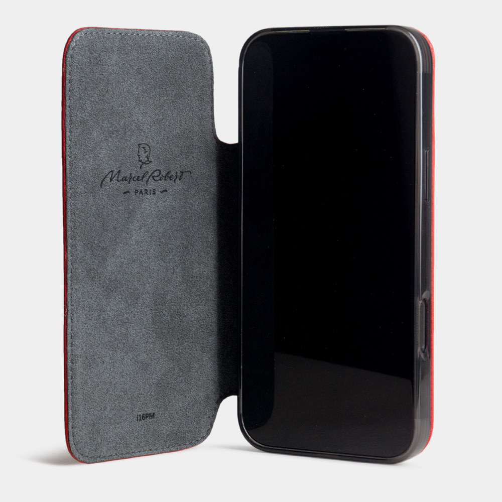 Чехол-книжка кожаная для iPhone 16 Pro, теленок красного цвета