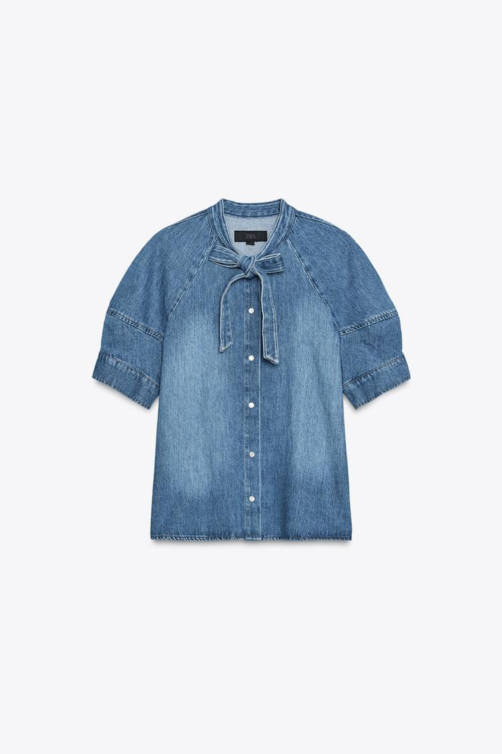 ZARA ДЖИНСОВАЯ РУБАШКА С ЗАВЯЗКАМИ — ZW COLLECTION, ВЫЦВЕТШИЙ СИНИЙ