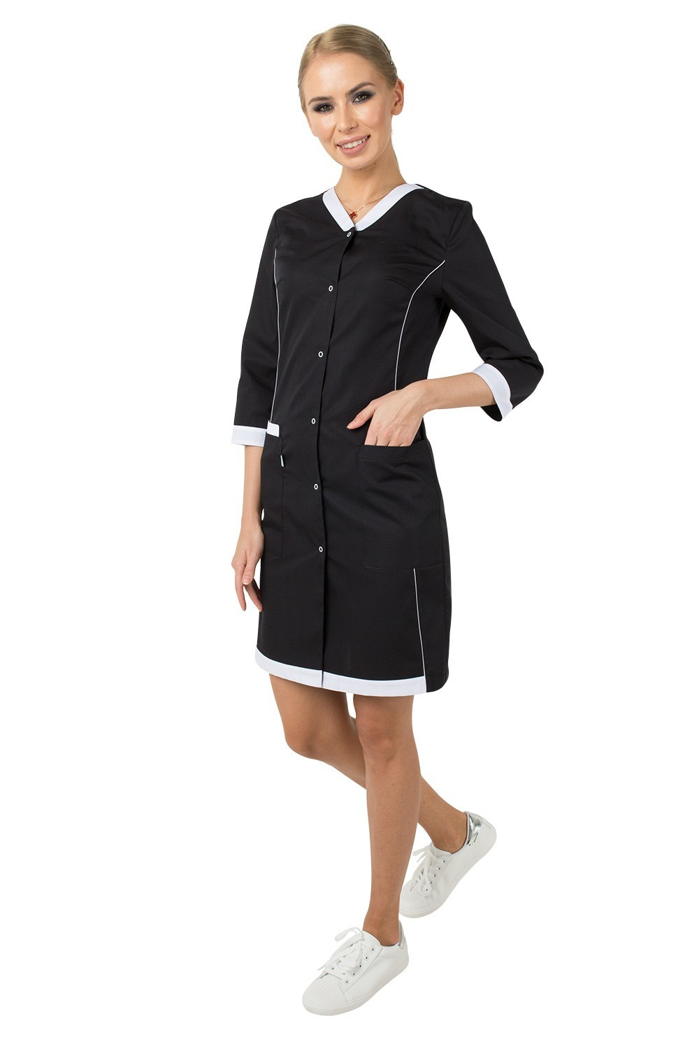 Медицинский халат Х-250, черный с белой отделкой