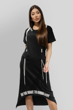 Платье Punk Queen 7543 длинное с прошитыми белыми шнурками спереди и надписью внизу купить