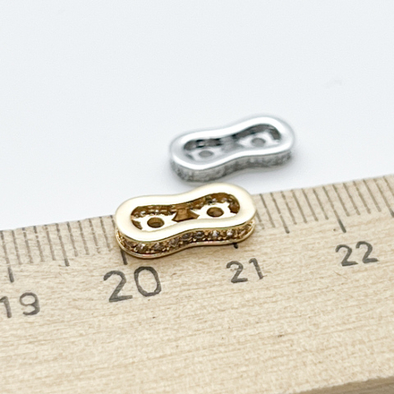 Коннектор-разделитель на 2 нити, цвет серебро, фианиты, размер 12,5*6 мм, цена за 1 шт