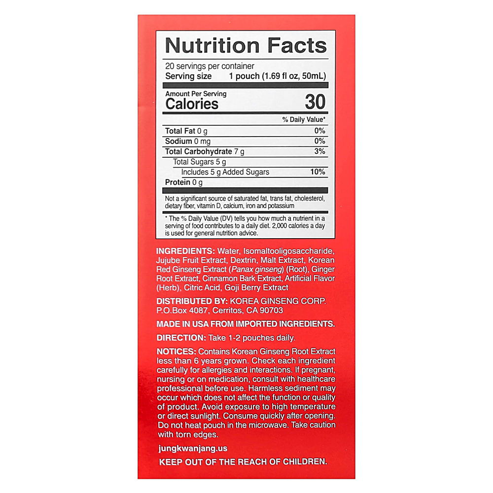 JungKwanJang, Травяной напиток из корейского красного женьшеня, 20 пакетиков по 50 мл (1,69 жидк. Унции)