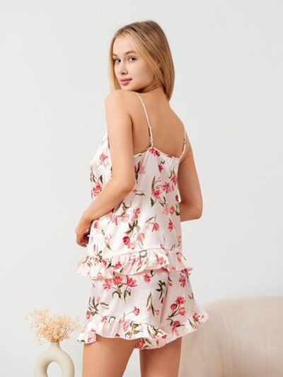 Домашний комплект с оборками из искусственного шелка (Размер: XL) (Цвет: пудровый)