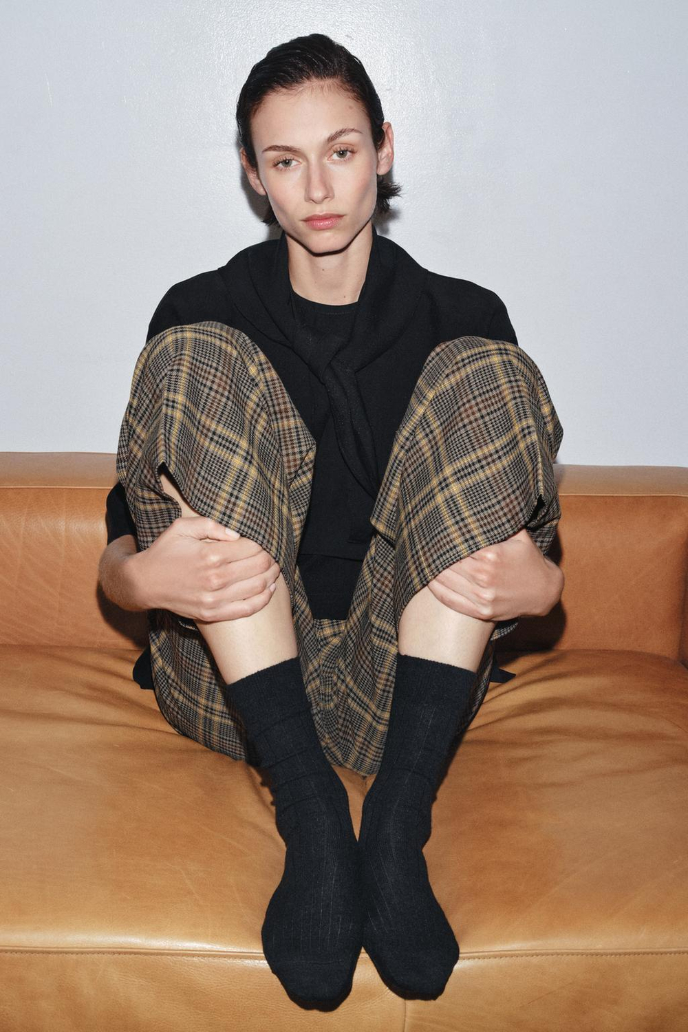 ZARA НОСКИ В РУБЧИК С ШЕРСТЬЮ, ЧЕРНЫЙ