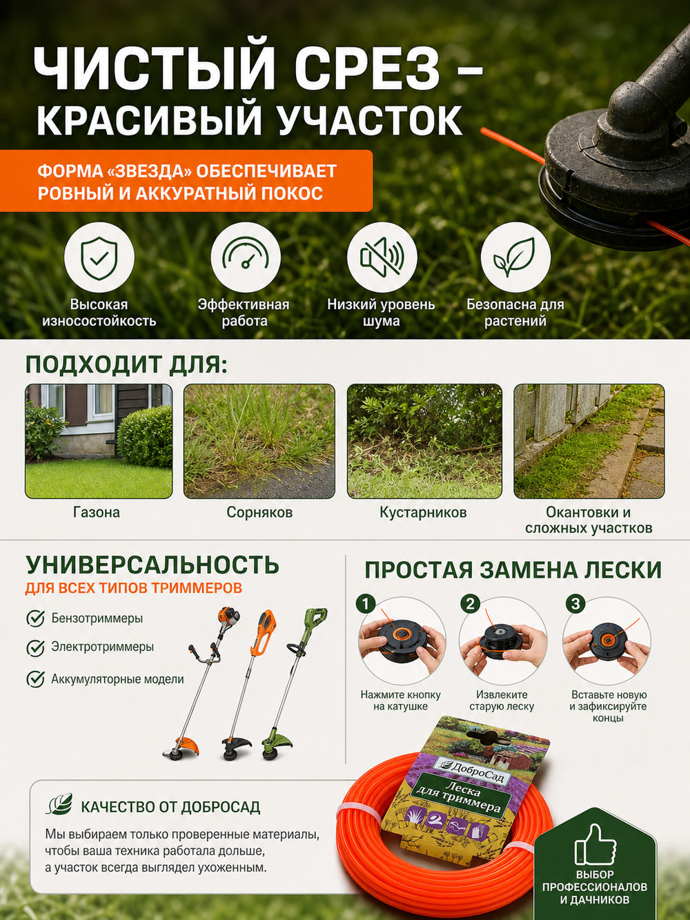 Леска для триммера 1,3мм*10м звезда ДоброСад