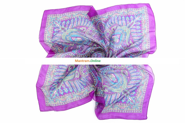 Платок материал Шелк 100% Плотный узор цвет зеленый голубой розовый на фиолетовом с фиолетовой каймой 100x100см 2000000082356