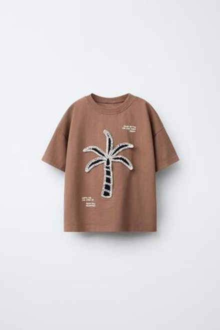 ZARA ФУТБОЛКА С КРУЖЕВОМ КРОШЕ, КОРИЧНЕВЫЙ