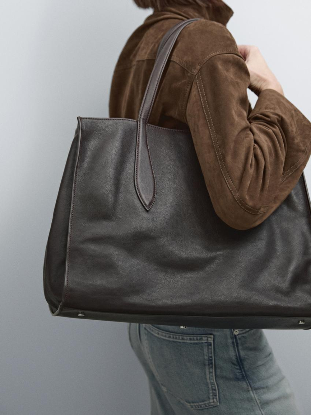 Massimo Dutti Большая сумка-шопер из кожи наппа, коричневый