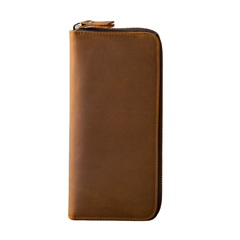 HOUBU Top Grain Cow Leather, Genuine Leather Long Clutch Wallet Regular Unisex Coffee/Light Brown