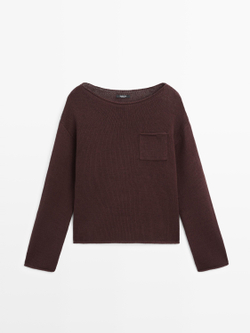 Massimo Dutti Свитер из хлопкового и льняного трикотажа с карманом, коричневый