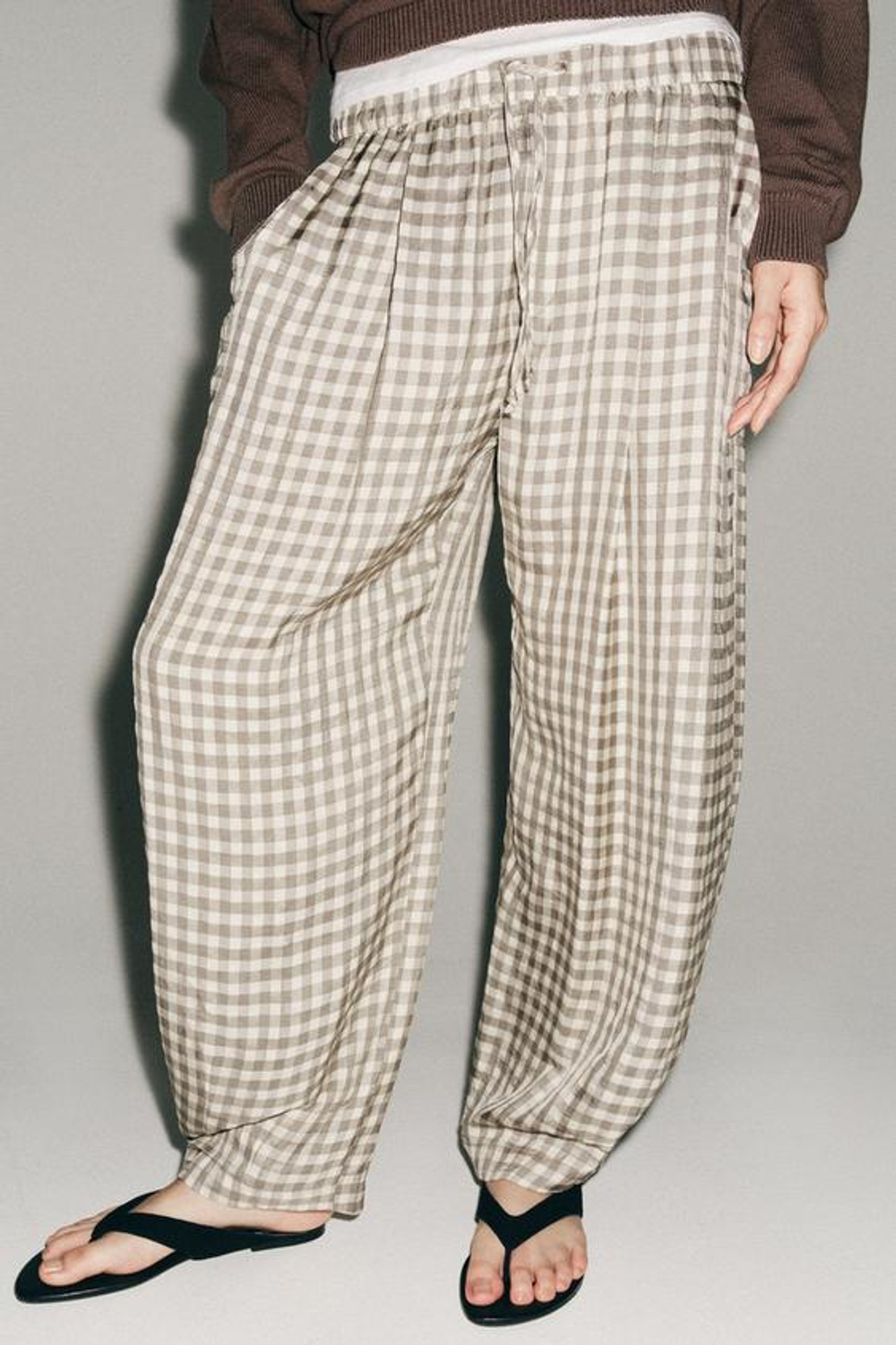 ZARA СВОБОДНЫЕ БРЮКИ В КЛЕТКУ ZW COLLECTION, ЭКРЮ