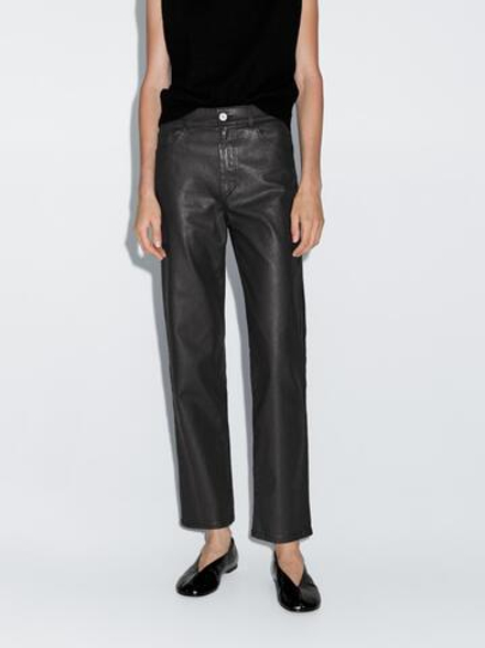 Massimo Dutti Брюки прямого кроя с высокой посадкой и вощеным покрытием, черный