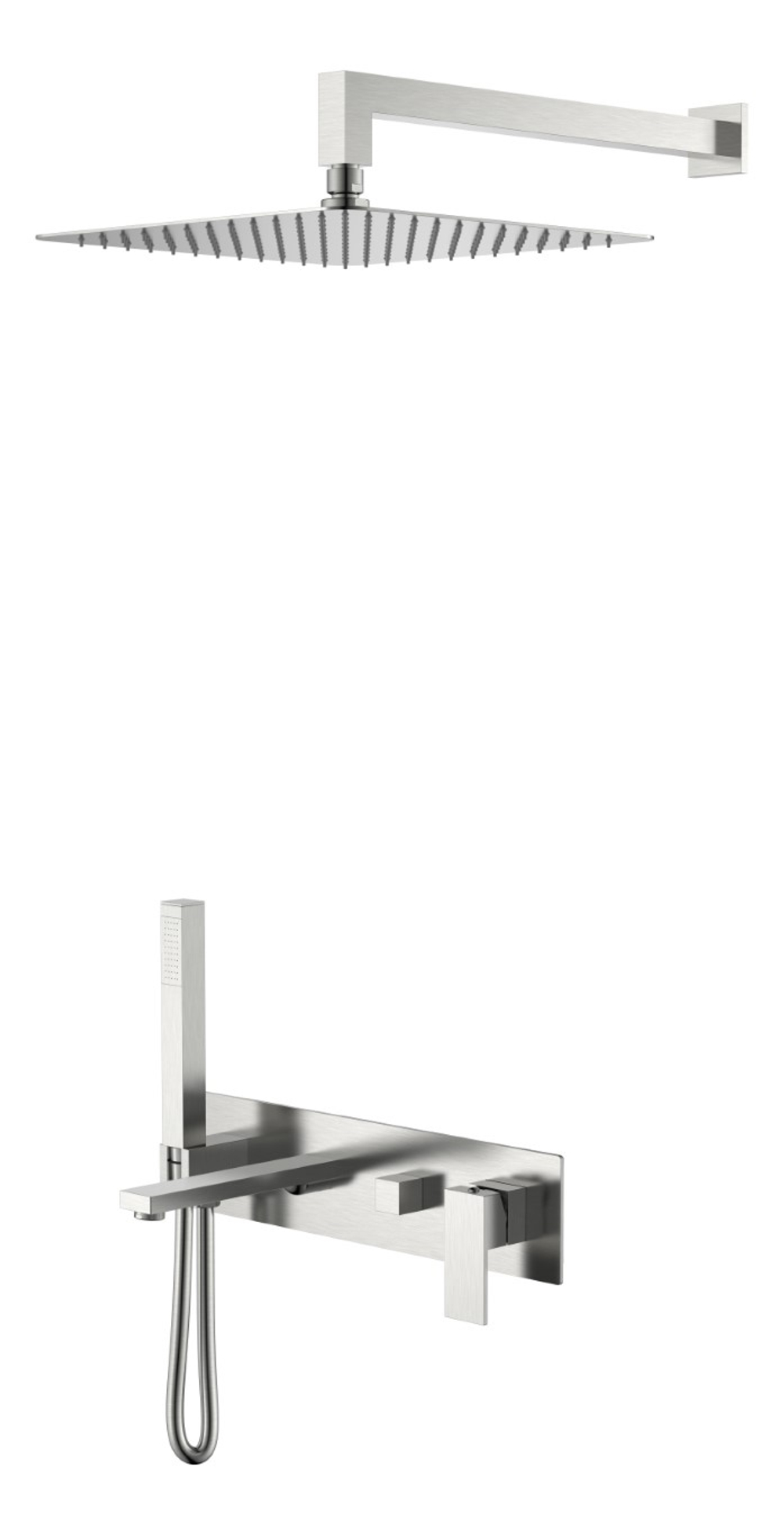Смеситель встроенный + верхний+ ручной душ Qubic Brushed Nickel с изливом