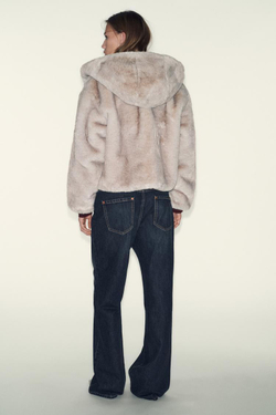 ZARA КОРОТКАЯ ШУБА ИЗ ИСКУССТВЕННОГО МЕХА С КАПЮШОНОМ, СЕРО-КОРИЧНЕВЫЙ