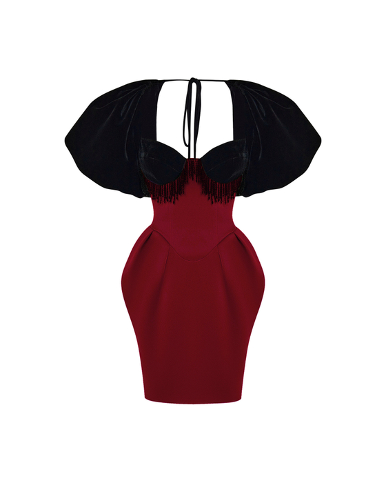 Платье мини из бархата и сатина с объемными рукавами