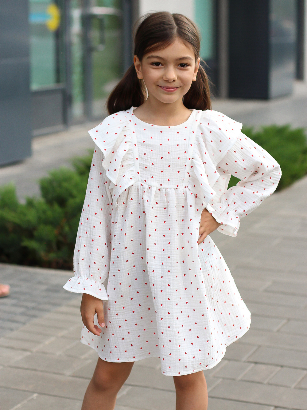Платье с рукавом из муслина «Сердечки»