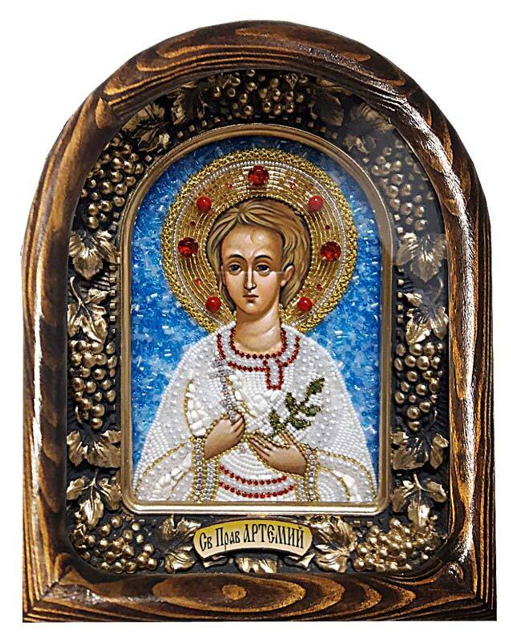 Дивеевская икона святой праведный Артемий, печать, натуральные камни и бисер