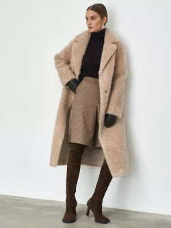 Шуба женская чебурашка тедди пальто из шерсти мериноса, бежевая, SilverFox