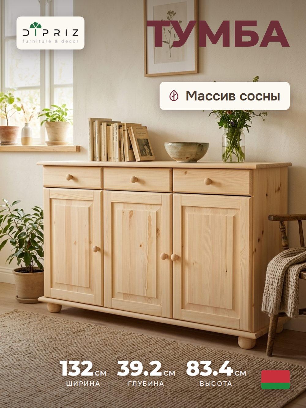Тумба 132х39х83, Лена, в прихожую, гостиную, кухонная трехдверная, массив сосны, с ящиками (нижняя часть буфета Лена), прозрачный лак, Dipriz