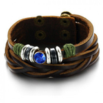 Кожаный браслет унисекс 2 в 1 косичка с шармами и искуственным синим камнем Steelman mn00377