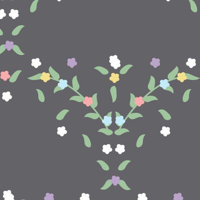 узор с цветами и листьями. Фиолетовые, розовые, желтые и синие цветы и зеленые, желтые листья на черном фоне