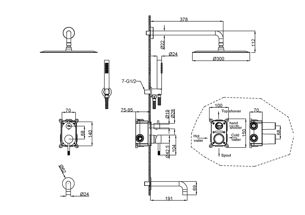 Смеситель встроенный + верхний+ ручной душ Uno. Хром с изливом