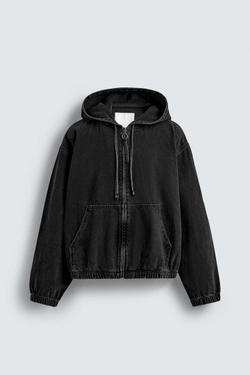 ZARA КУРТКА ИЗ ТКАНИ С ЭФФЕКТОМ ПОТЕРТОСТИ С КАПЮШОНОМ, УГОЛЬНЫЙ