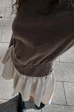 ZARA КОМБИНИРОВАННОЕ ПЛАТЬЕ С ЗАКЛЕПКАМИ, СЕРО-КОРИЧНЕВЫЙ МЕЛАНЖ