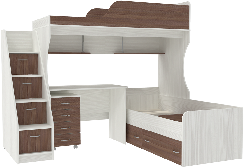 Двухъярусная кровать КарИВи Дуэт-5 с лестницей Комод КарИВиом Белое Дерево Бодего Темный