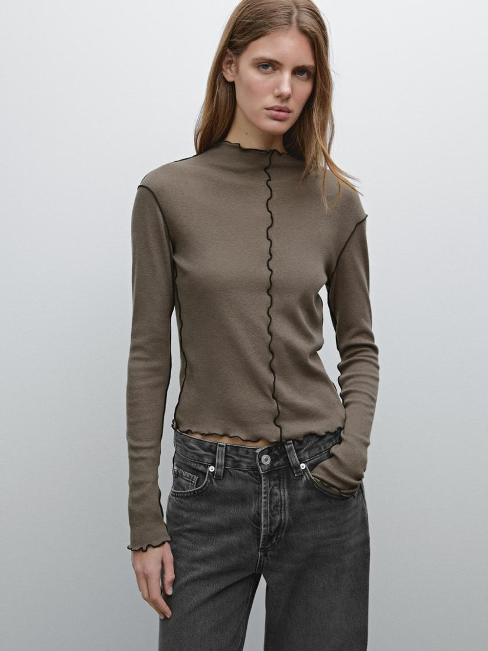 Massimo Dutti Футболка с декоративными швами и окантовкой, жженый