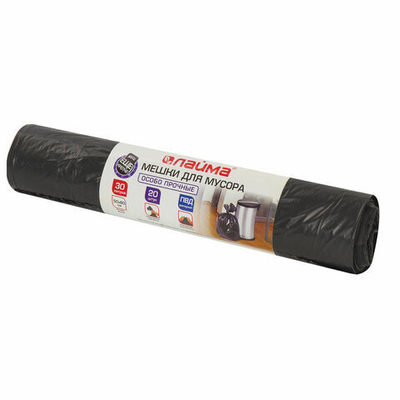 Мешки для мусора 30 л, черные, в рулоне 20 шт., особо прочные, ПВД 20 мкм, 50×60 см, LAIMA, 4 упаковки.