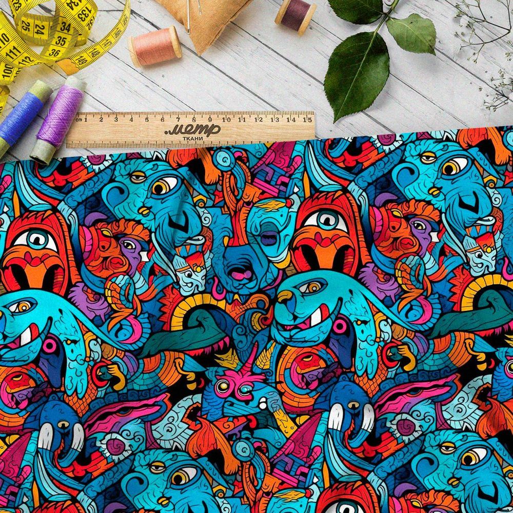 Ткань премиум бифлекс толпа мультяшных монстров