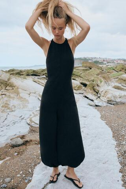 ZARA ЛЕГКИЙ ДЛИННЫЙ КОМБИНЕЗОН, ЧЕРНЫЙ