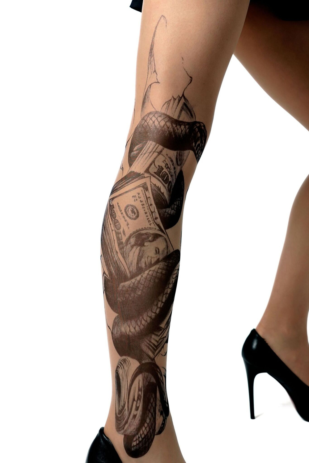 Колготки +size с имитацией тату в виде змеи (Размер: XL-XXL-XXXL) (Цвет: бежевый)