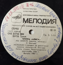 Винтажная виниловая пластинка LP Алиса Мы Вместе 7 дюймов (СССР 1987) Меломан