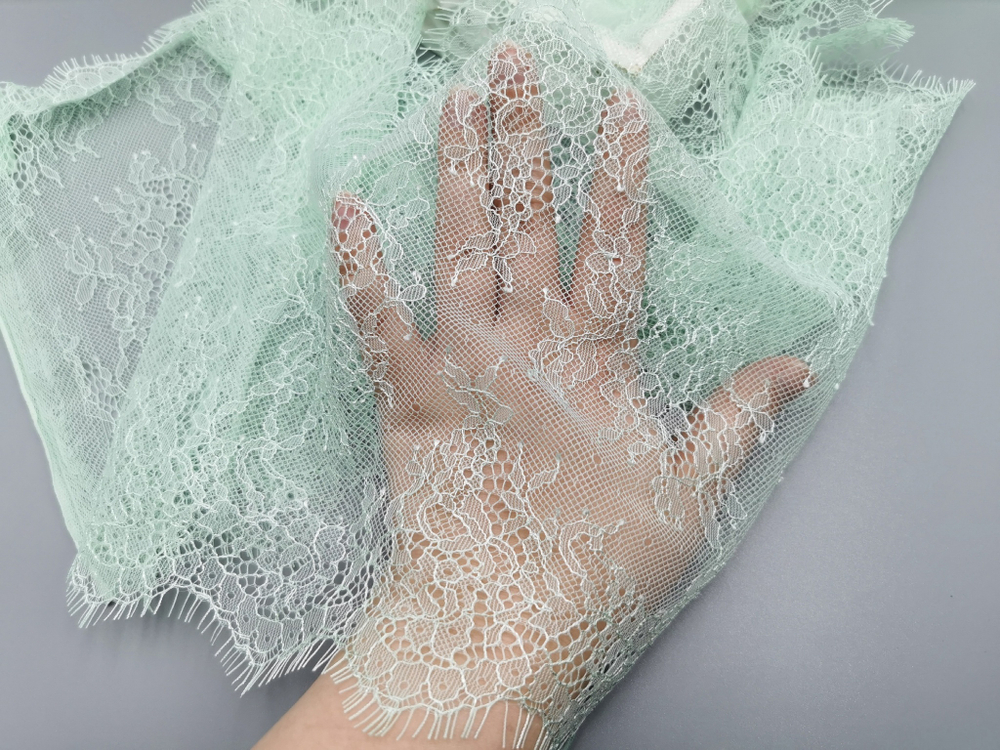 Кружево шантильи, с ресничками, снежная мята, 23 см, купон, SK-2405, купон (3м)