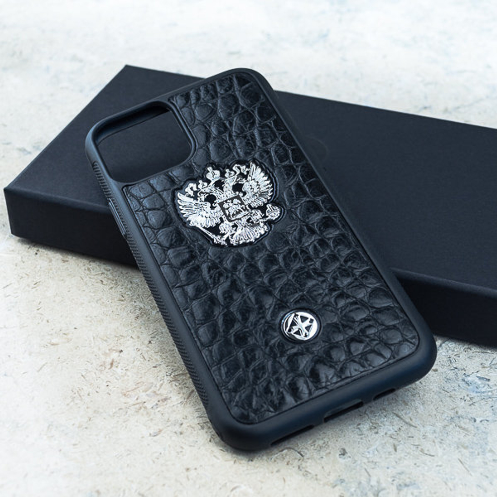 Премиальный чехол для iPhone с Гербом России на натуральной коже - Euphoria HM Premium - ювелирный сплав