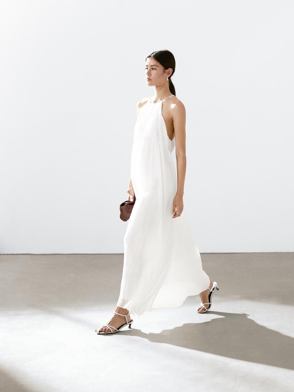 Massimo Dutti Длинное плиссированное платье со сборкой, натуральный, кремовый