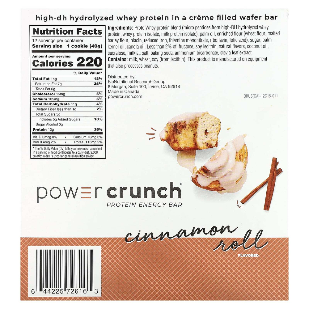 BNRG, Power Crunch, протеиновый энергетический батончик, булочка с корицей, 12 батончиков по 40 г (1,4 унции)