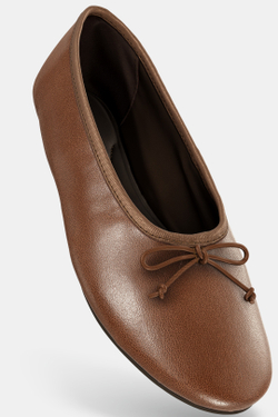 ZARA КОЖАНЫЕ БАЛЕТКИ С БАНТИКОМ, КОРИЧНЕВЫЙ