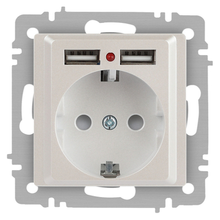 Розетка Intro Accent 6-410-06 , P+E Schuko со шторками, 16А-250В + 2хUSB, IP20, СУ, перламутр
