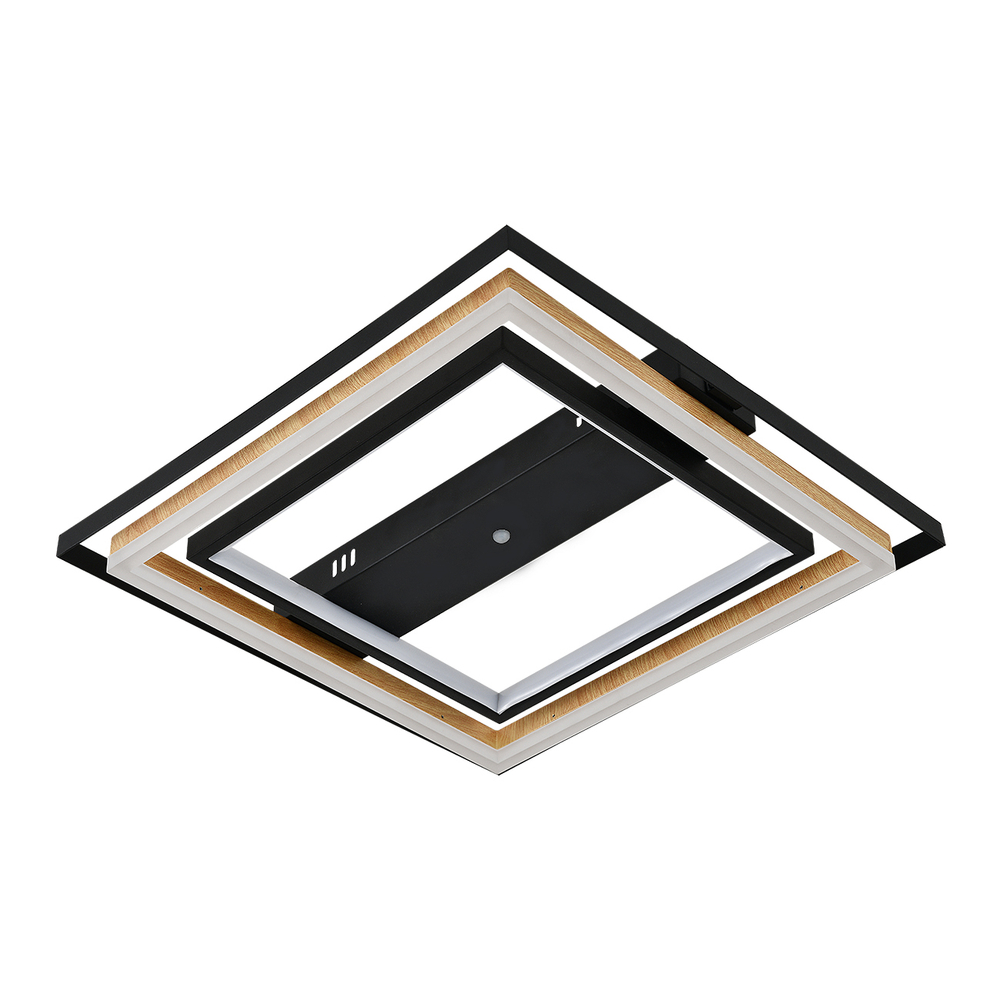 Потолочный светодиодный светильник 83Вт, 6600лм, 3000-6500K, Ra>80, плавная регулировка мощности, изменение цветовой температуры, ночник, пульт, металл/акрил, чёрный/дерево