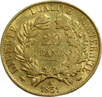 20 франков 1851 год. Франция. 2-я республика. Золото XF